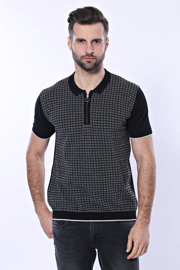Polo Yaka Siyah Desenli Fermuarlı Örme T-shirt | Wessi