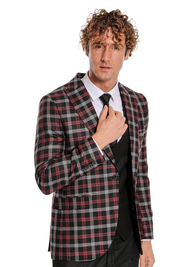 Bordo Ekose Ceketli Slim Fit Siyah Erkek Takım Elbise - Wessi