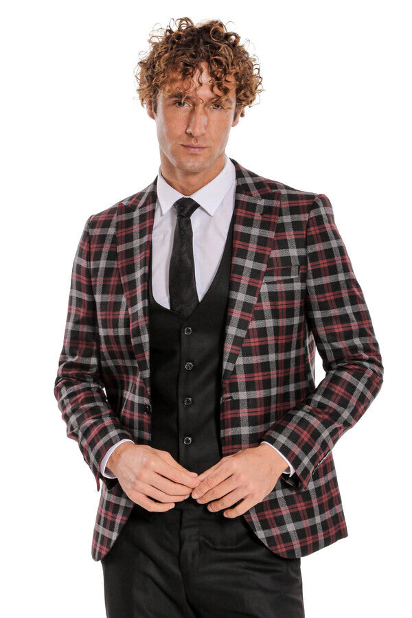 Bordo Ekose Ceketli Slim Fit Siyah Erkek Takım Elbise - Wessi
