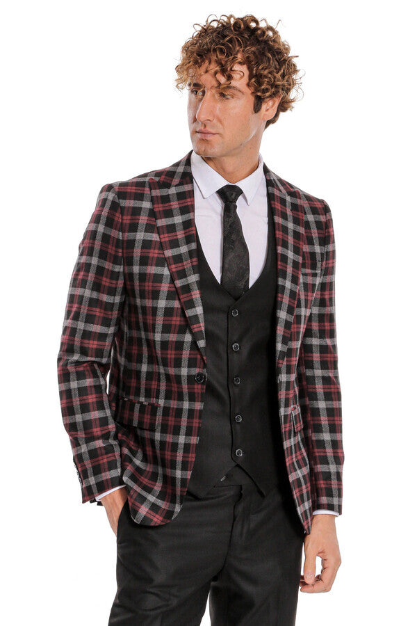Bordo Ekose Ceketli Slim Fit Siyah Erkek Takım Elbise - Wessi