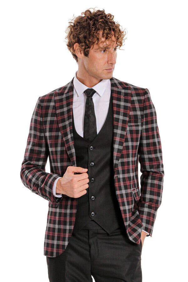 Bordo Ekose Ceketli Slim Fit Siyah Erkek Takım Elbise - Wessi