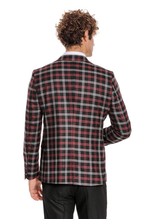 Bordo Ekose Ceketli Slim Fit Siyah Erkek Takım Elbise - Wessi