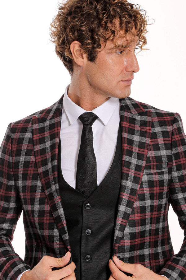 Bordo Ekose Ceketli Slim Fit Siyah Erkek Takım Elbise - Wessi