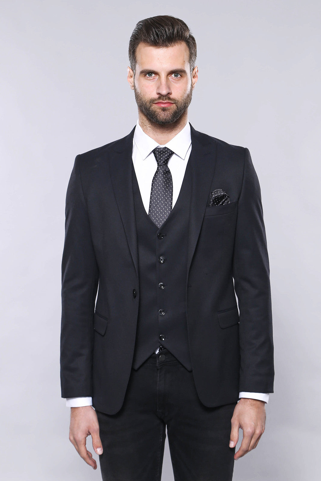 Düz Koyu Lacivert Slim Fit Ceket Yelek Set - Wessi