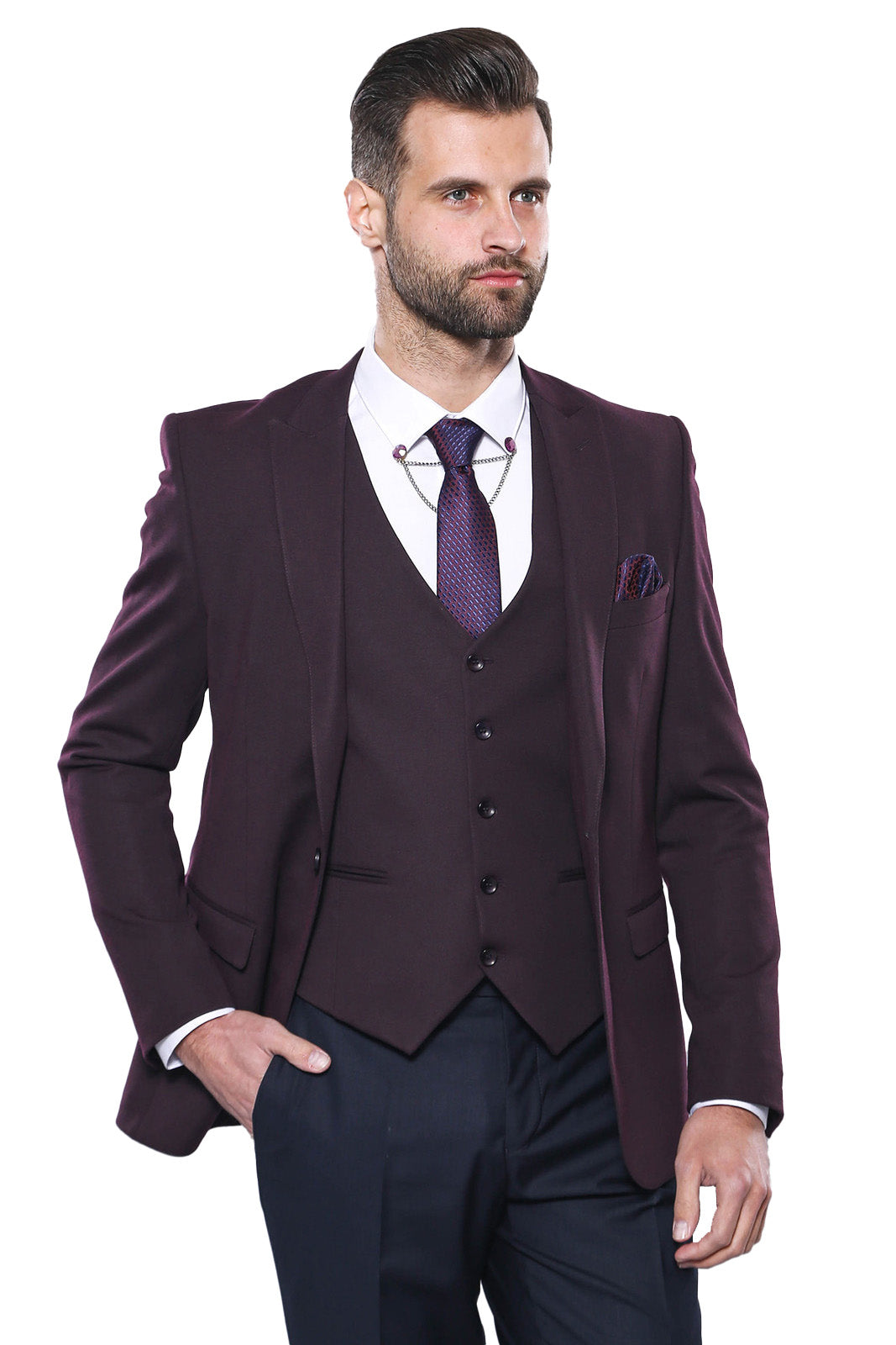 Düz Bordo Slim Fit Yelek Ceket Set | Wessi