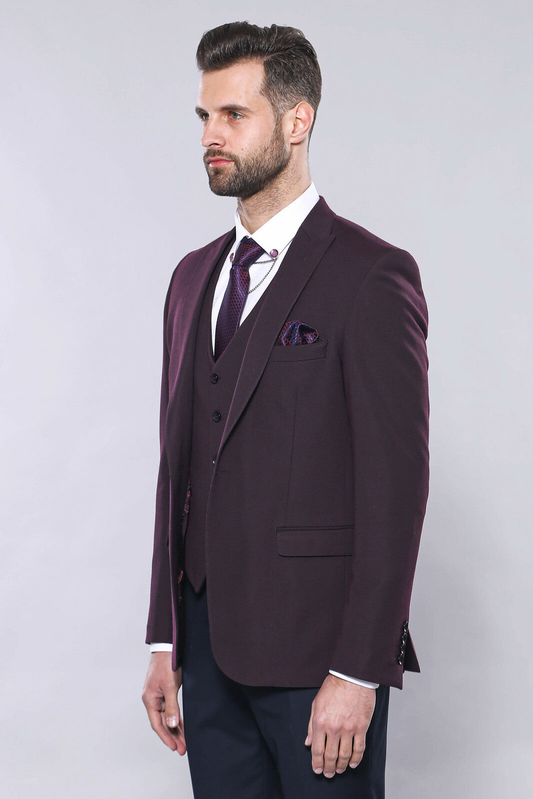 Düz Bordo Slim Fit Yelek Ceket Set | Wessi