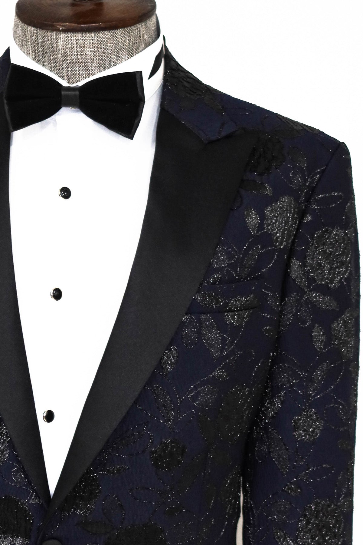 Lacivert Simli Floral Desenli Smokin Ceketi - Wessi