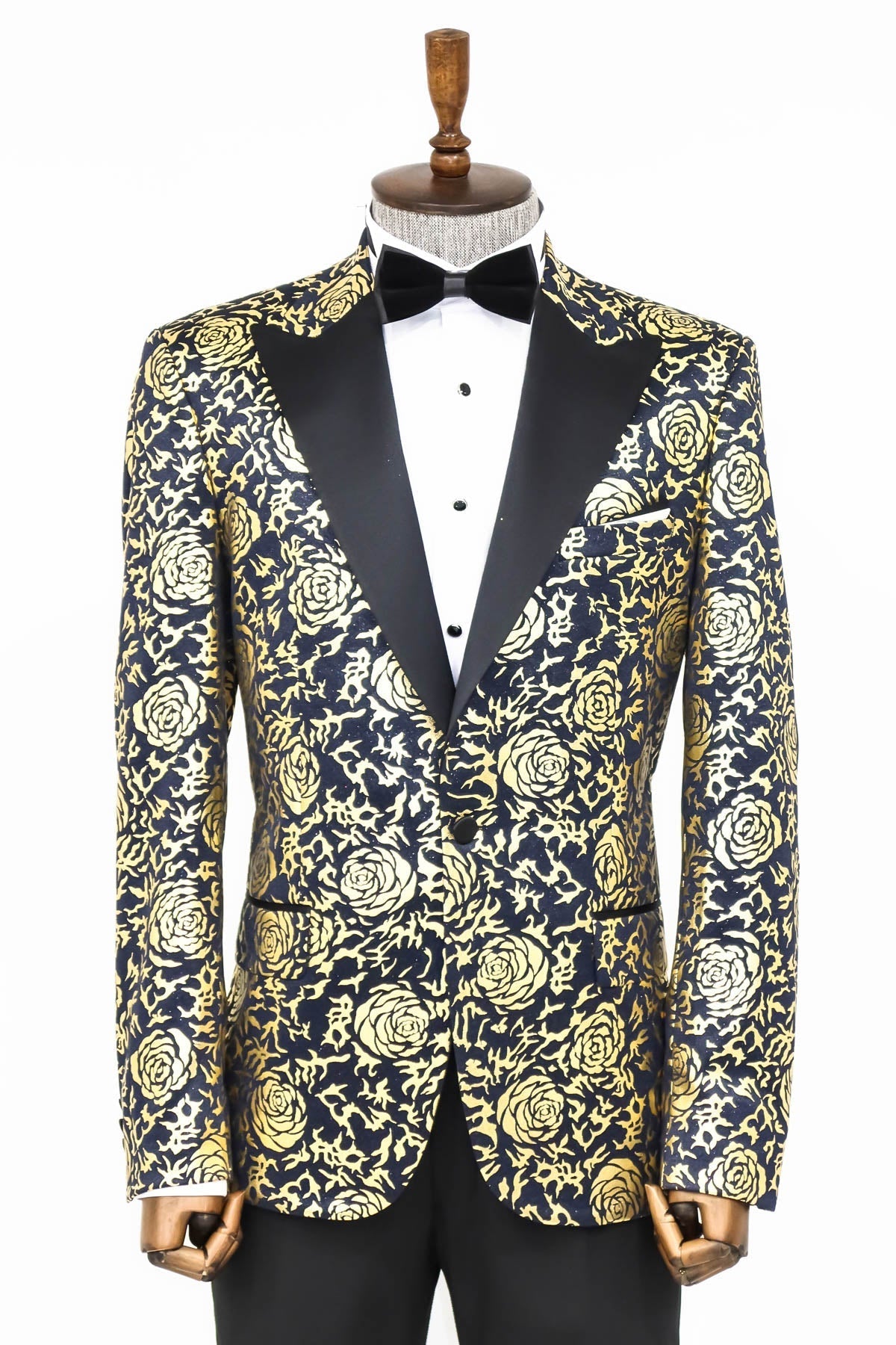 Gold Gül Desenli Slim Fit Lacivert Erkek Smokin Ceket - Wessi