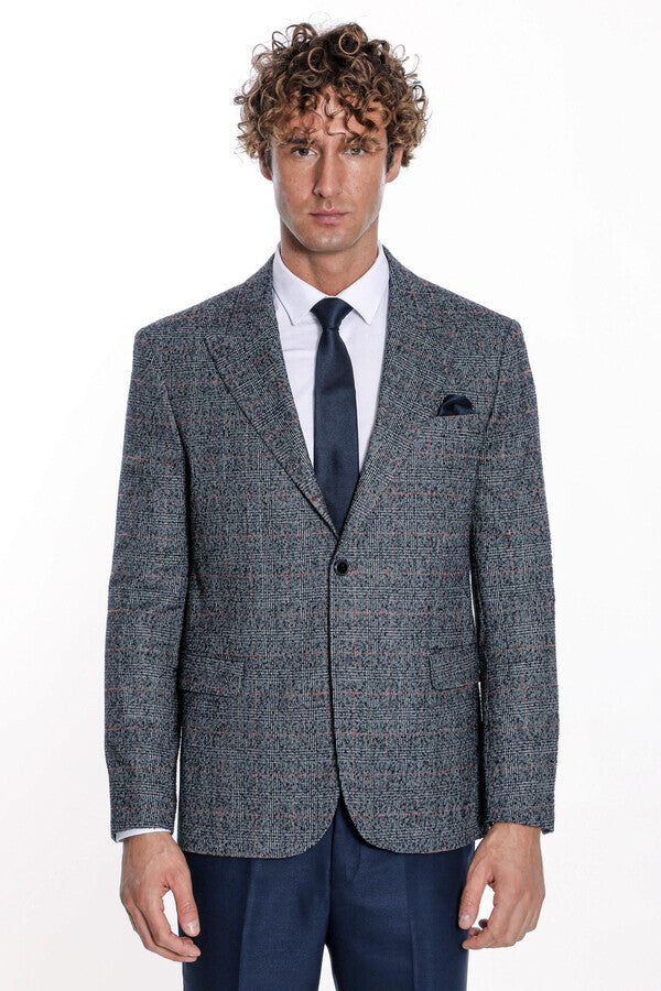 Ekose Desen Slim Fit Lacivert Erkek Ceket - Wessi