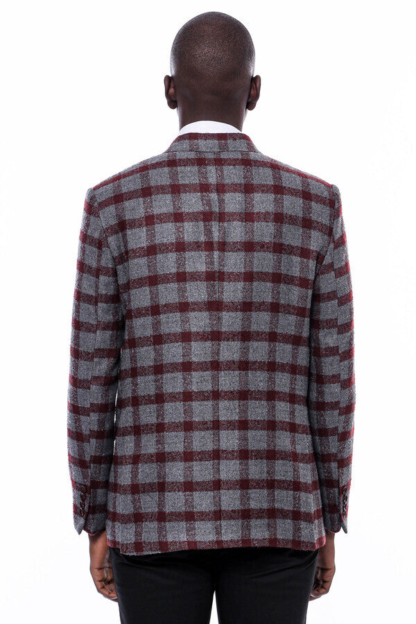 Ekose Sivri Yaka Slim Fit Bordo Erkek Ceket - Wessi