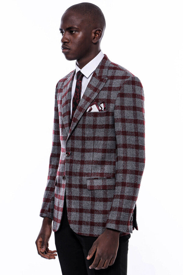 Ekose Sivri Yaka Slim Fit Bordo Erkek Ceket - Wessi