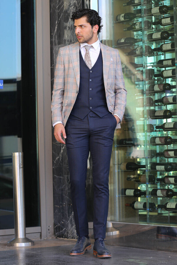 Kahverengi Ekose Ceketli Slim Fit Lacivert Erkek Takım Elbise - Wessi