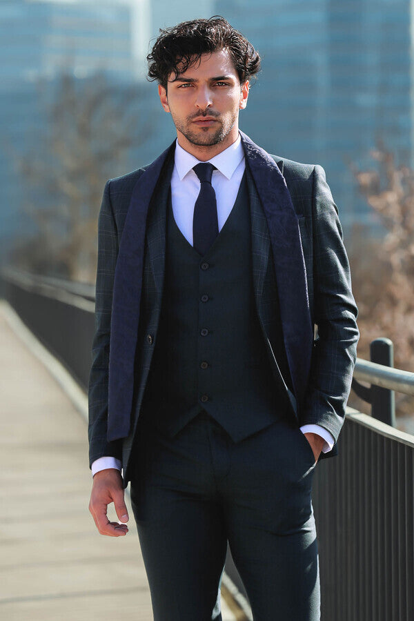 Ekose Ceketli Slim Fit Yeşil Erkek Takım Elbise - Wessi
