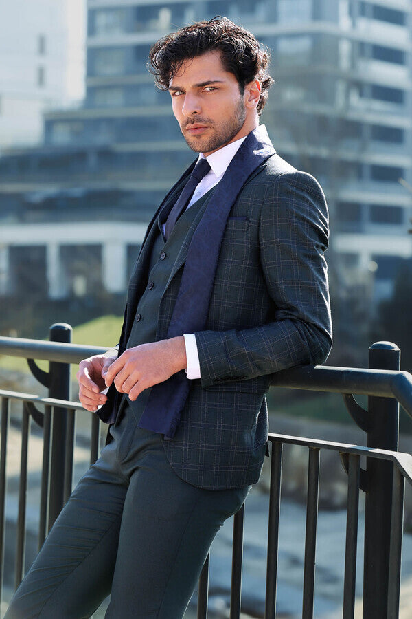 Ekose Ceketli Slim Fit Yeşil Erkek Takım Elbise - Wessi