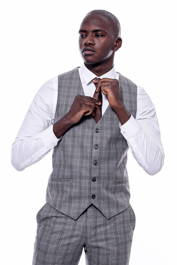 Ekose Desen Slim Fit Gri Erkek Takım Elbise - Wessi