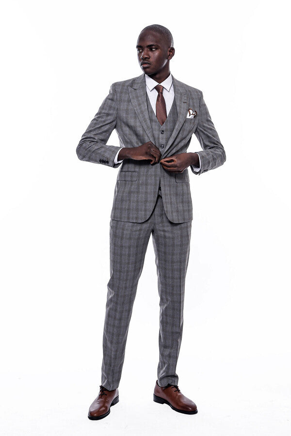 Ekose Desen Slim Fit Gri Erkek Takım Elbise - Wessi