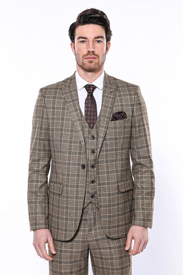 Ekose Slim Fit Kahverengi Erkek Ceket - Wessi