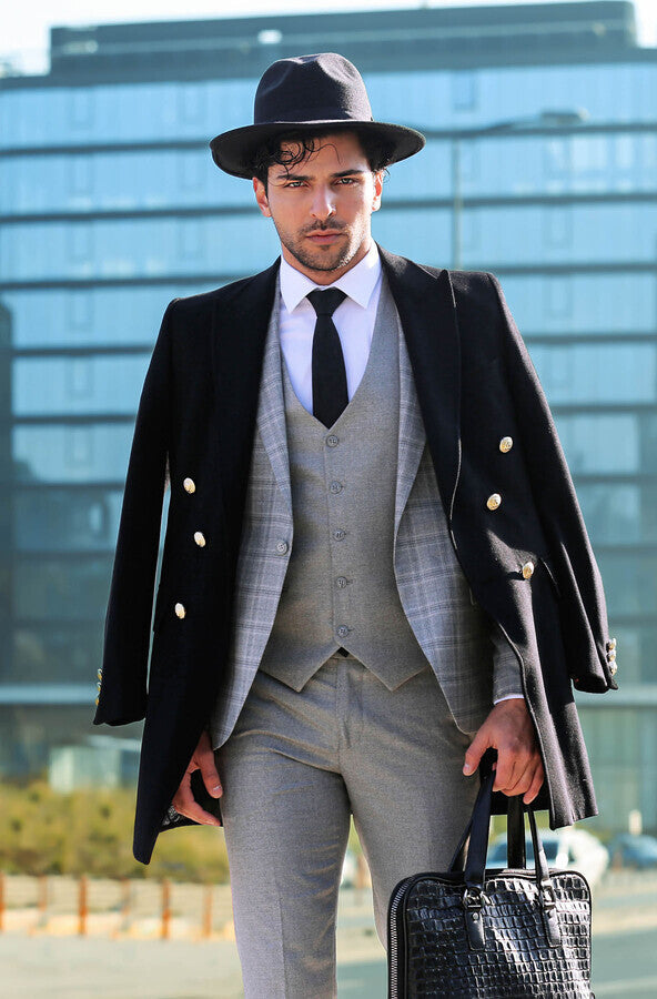 Açık Gri Ekose Ceketli Slim Fit Takım Elbise - Wessi