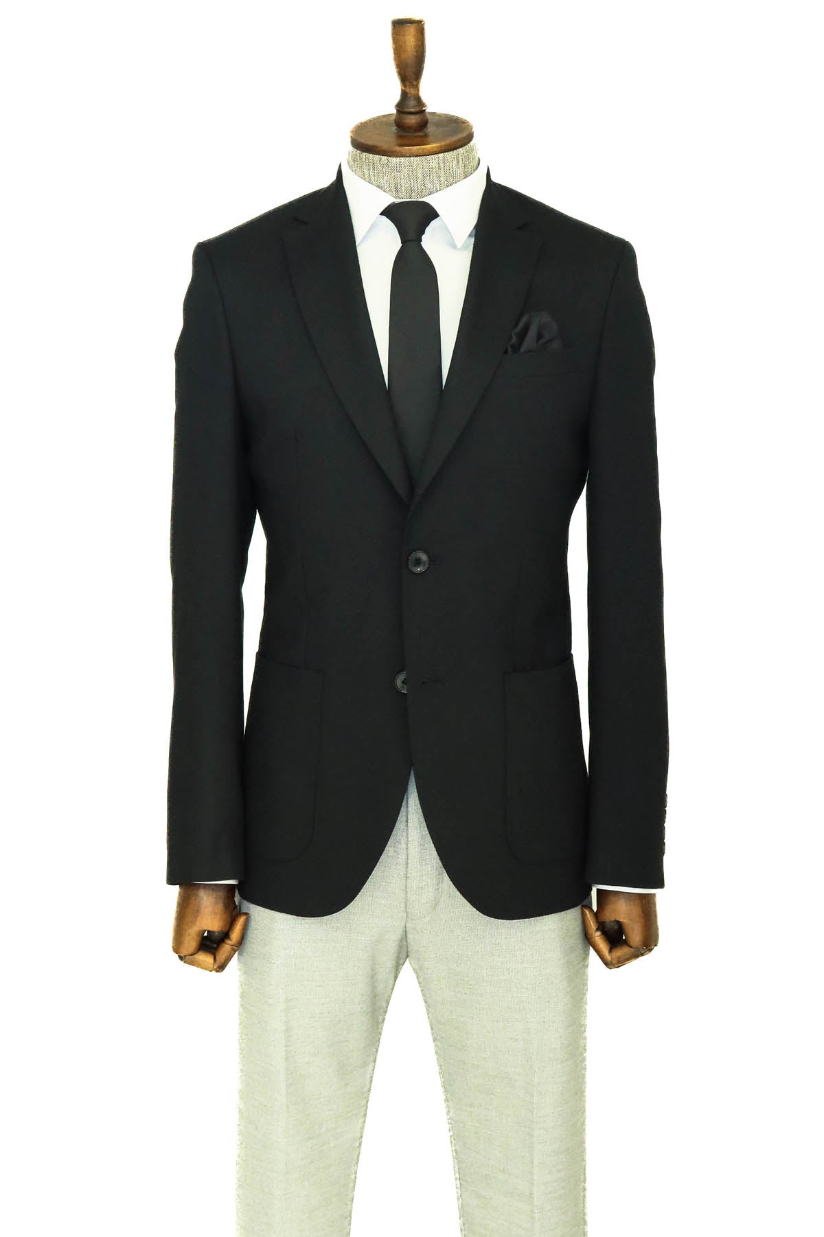 Kendinden Desenli Slim Fit Sivri Yaka Siyah Erkek Ceket - Wessi