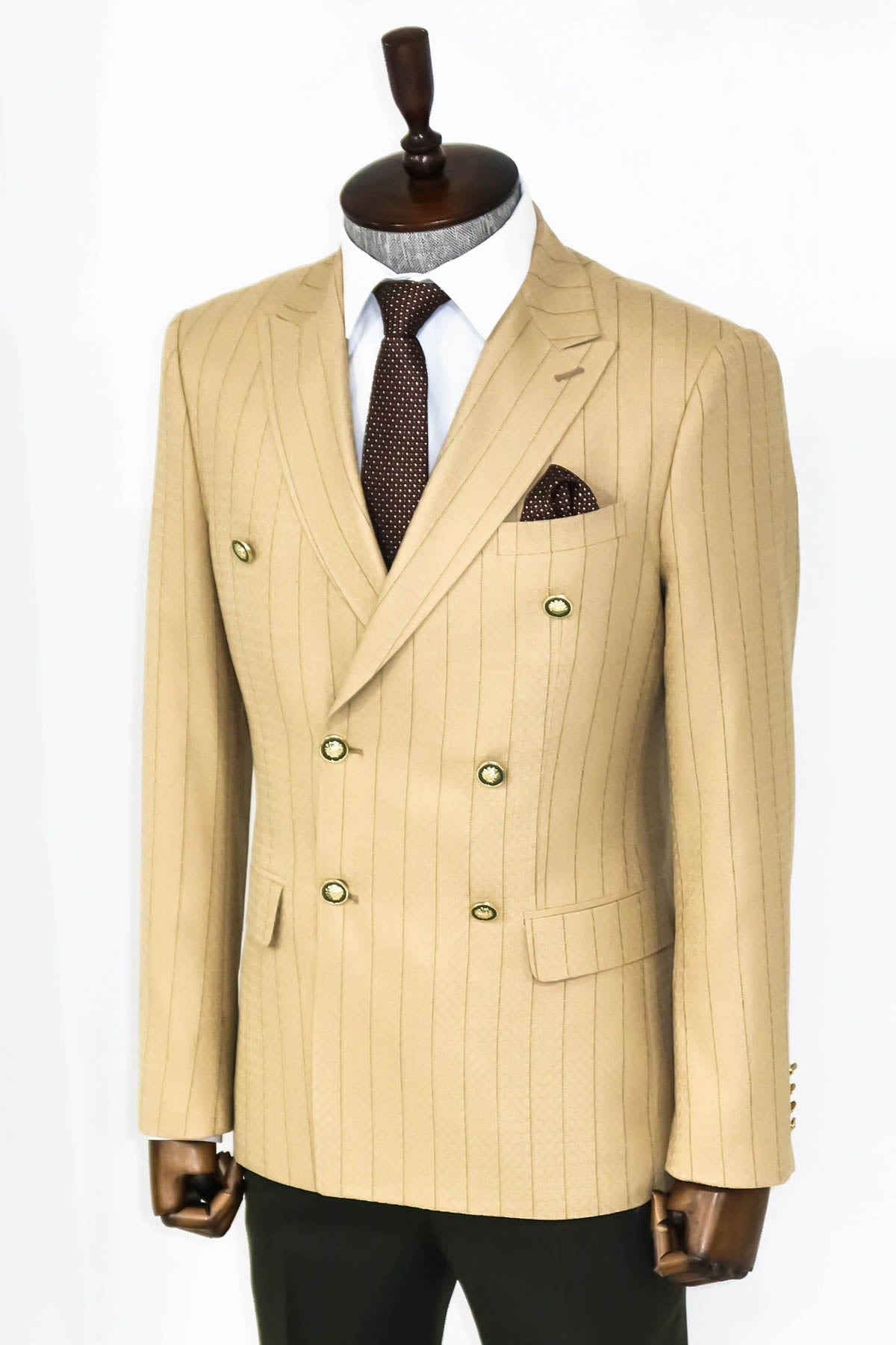 Kruvaze Slim Fit Çizgili Krem Erkek Ceket - Wessi