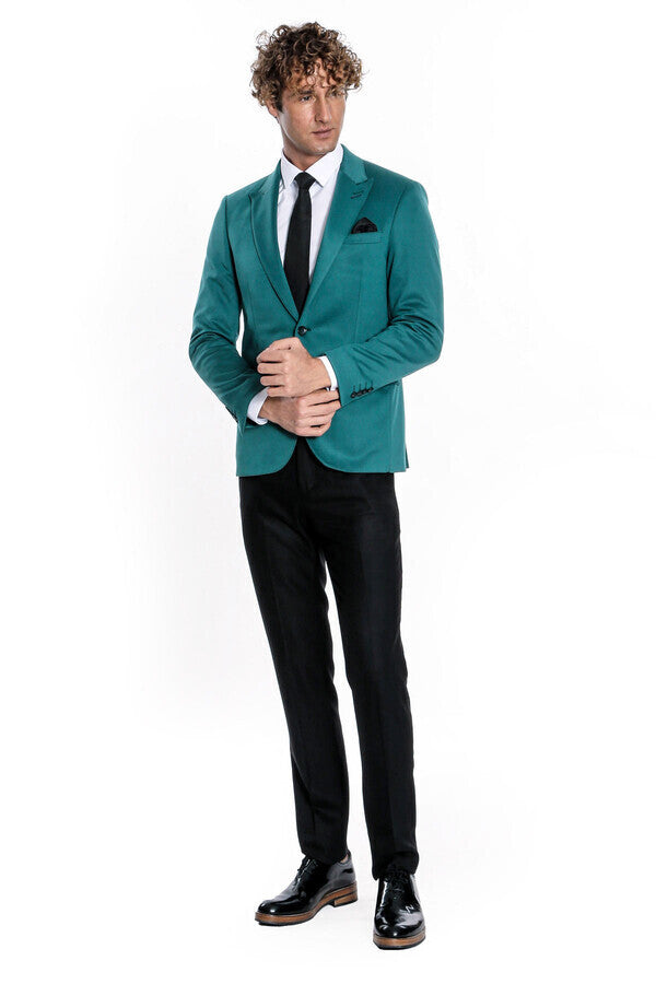 Pamuk Slim Fit Desensiz Yeşil Erkek Ceket - Wessi
