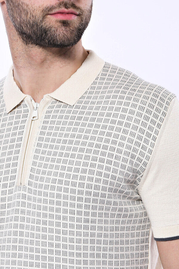 Polo Yaka Krem Desenli Fermuarlı Örme T-shirt | Wessi