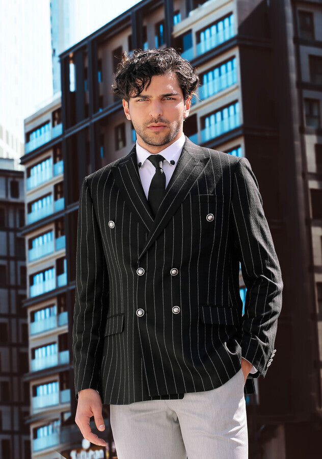 Kruvaze Slim Fit Çizgili Siyah Erkek Ceket - Wessi