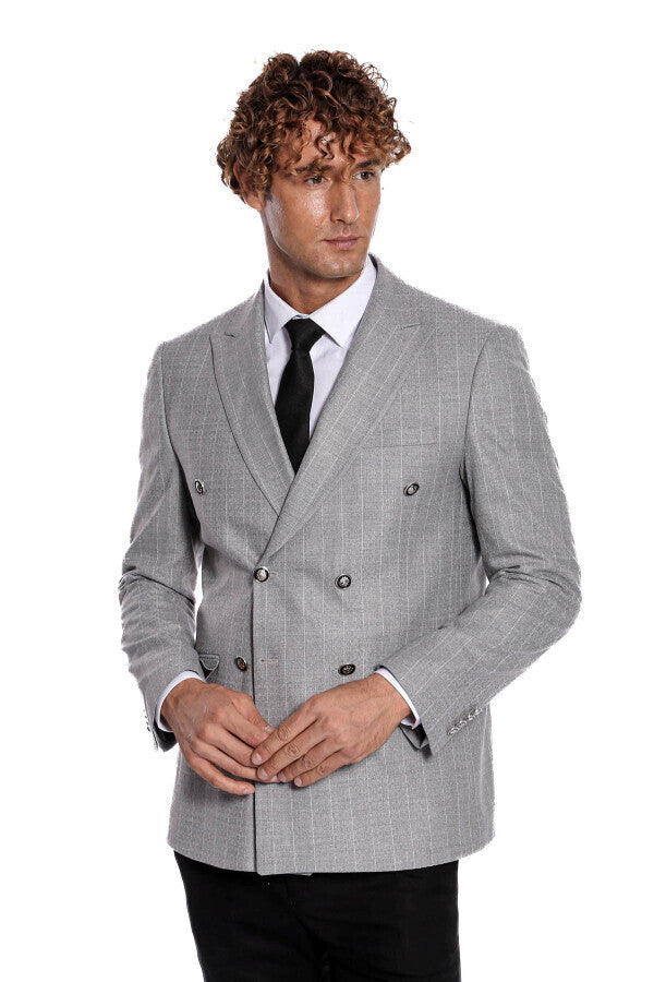 Kruvaze Slim Fit Çizgili Gri Erkek Ceket - Wessi