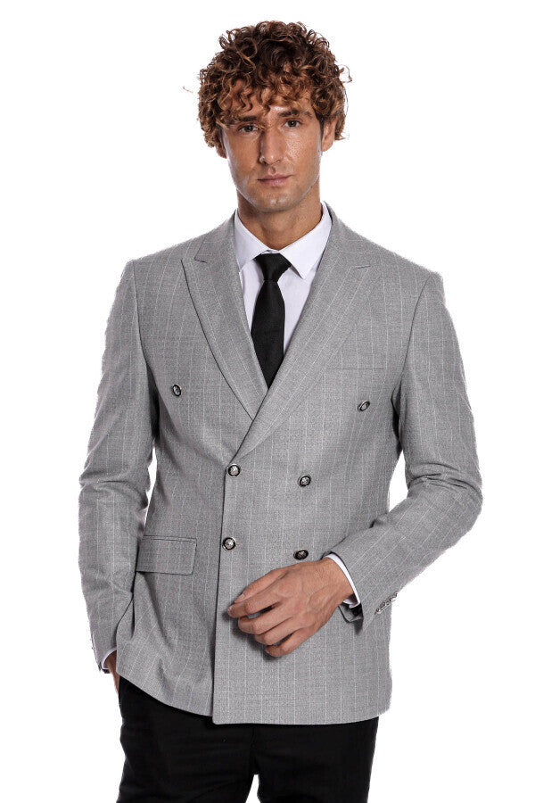 Kruvaze Slim Fit Çizgili Gri Erkek Ceket - Wessi