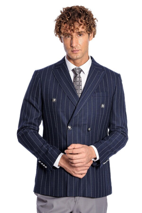 Kruvaze Slim Fit Çizgili Lacivert Erkek Ceket - Wessi