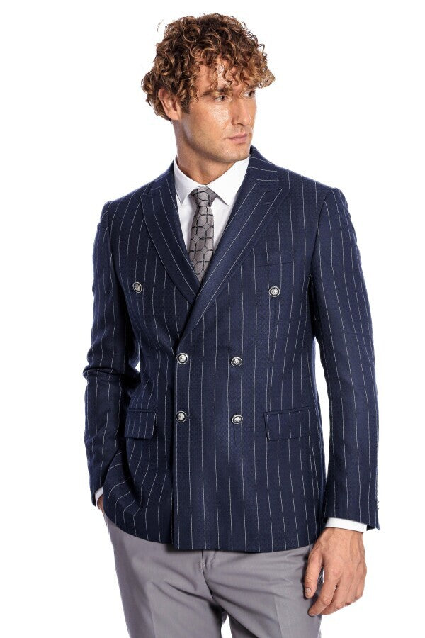 Kruvaze Slim Fit Çizgili Lacivert Erkek Ceket - Wessi