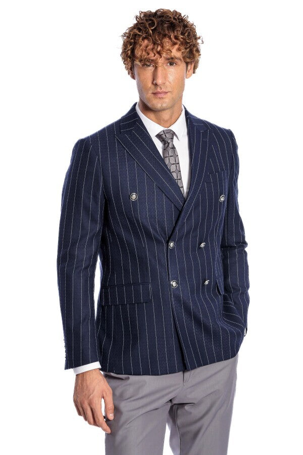 Kruvaze Slim Fit Çizgili Lacivert Erkek Ceket - Wessi
