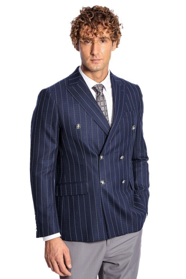 Kruvaze Slim Fit Çizgili Lacivert Erkek Ceket - Wessi