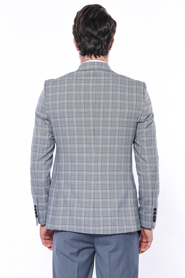 Ekose Desenli Slim Fit Gri Erkek Ceket - Wessi