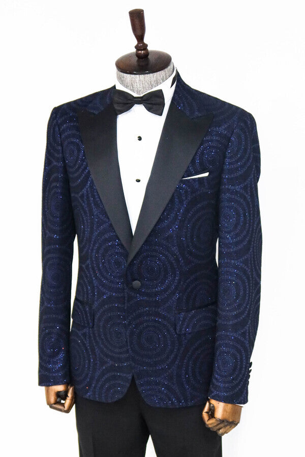 Hipnoz Desen Sivri Yaka Slim Fit Lacivert Erkek Smokin Ceket - Wessi