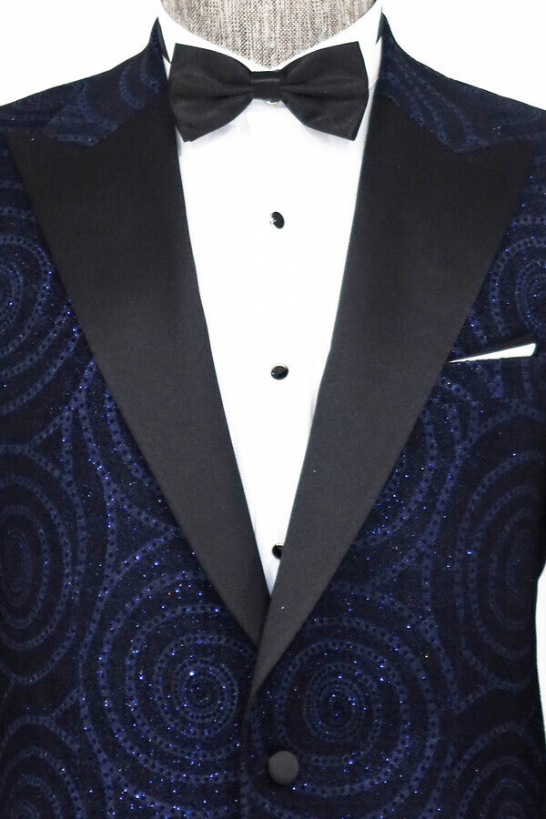 Hipnoz Desen Sivri Yaka Slim Fit Lacivert Erkek Smokin Ceket - Wessi