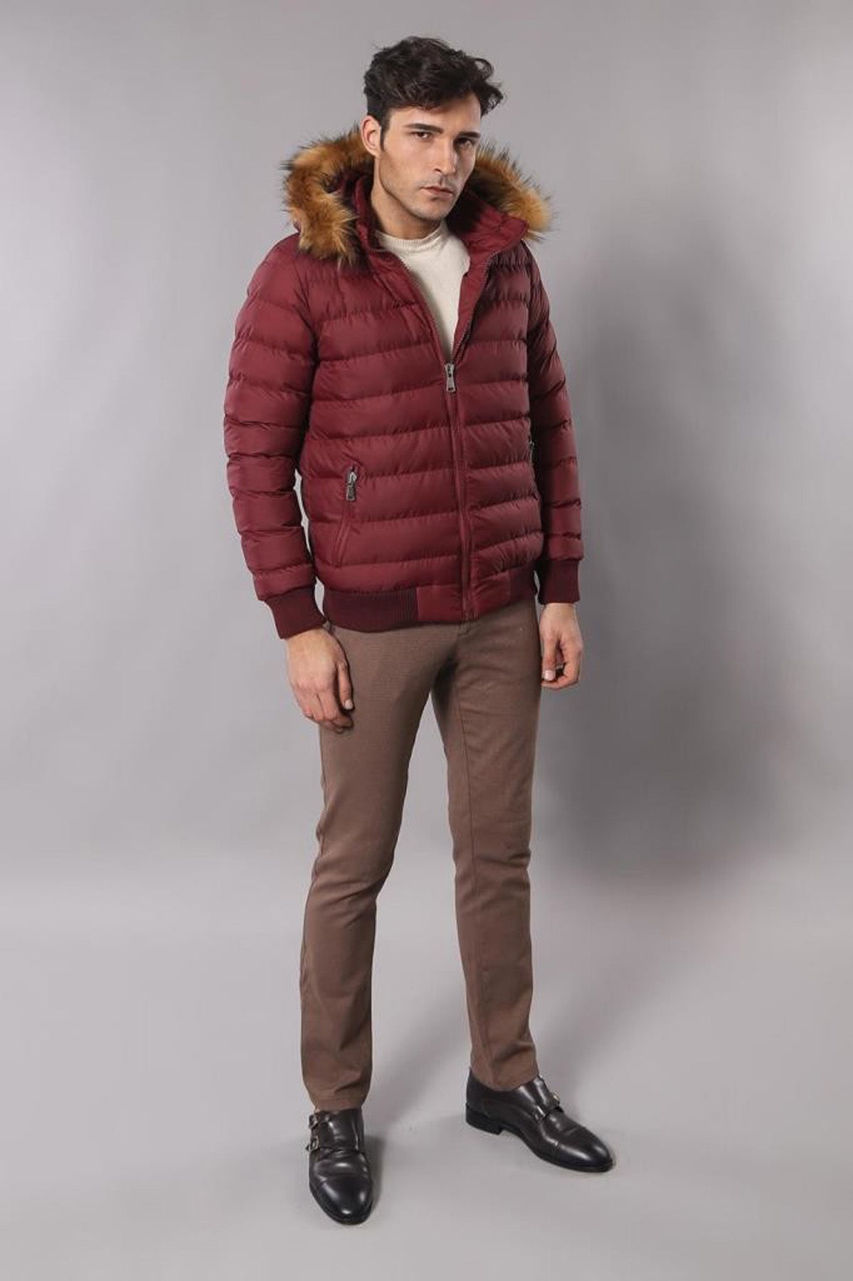 Kürklü Kapüşonü Bordo Erkek Şişme Mont - Wessi