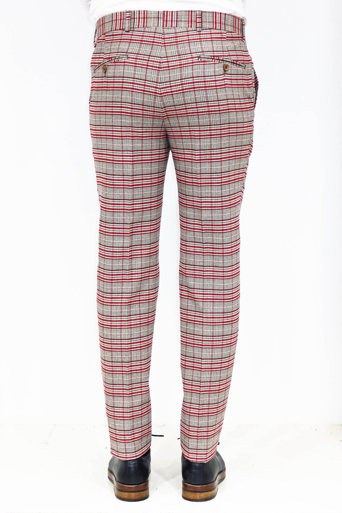 Kırmızı Ekose Desenli Slim Fit Gri Erkek Pantolon - Wessi