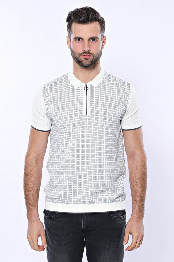 Polo Yaka Açık Gri Desenli Fermuarlı Örme T-shirt - Wessi