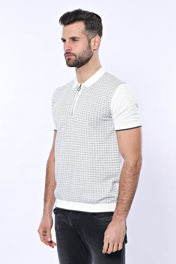 Polo Yaka Açık Gri Desenli Fermuarlı Örme T-shirt - Wessi