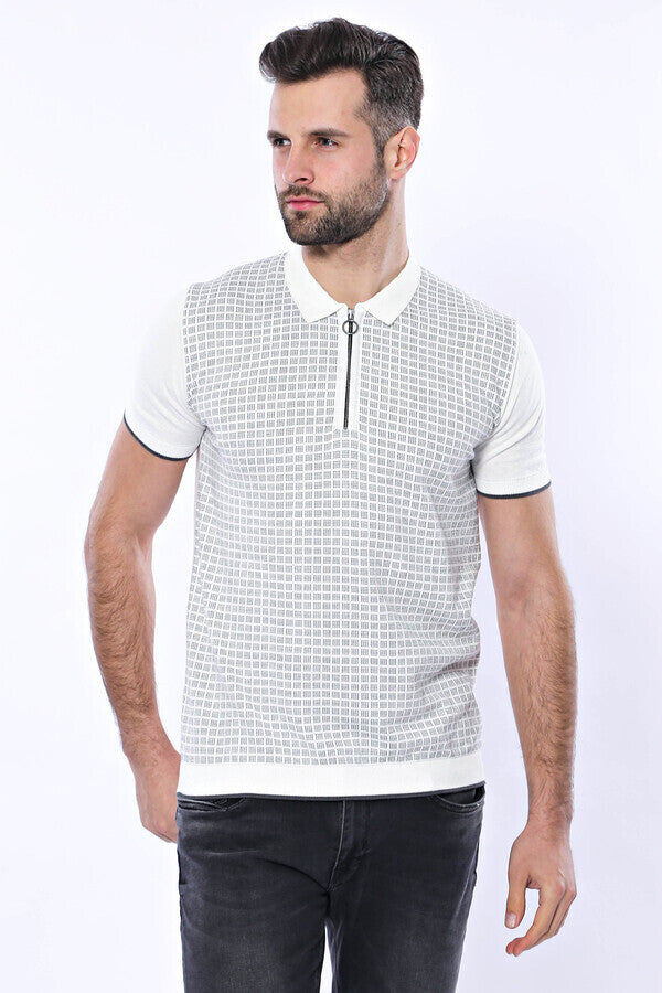 Polo Yaka Açık Gri Desenli Fermuarlı Örme T-shirt - Wessi