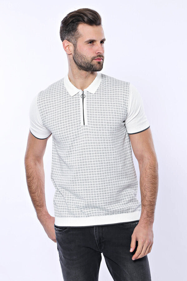Polo Yaka Açık Gri Desenli Fermuarlı Örme T-shirt - Wessi