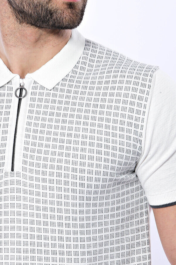 Polo Yaka Açık Gri Desenli Fermuarlı Örme T-shirt - Wessi