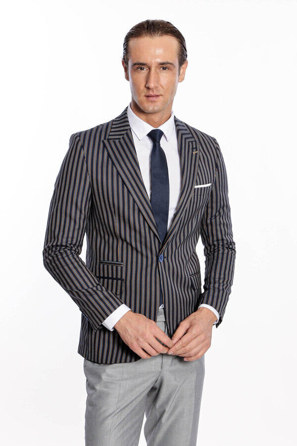 Çizgili Koyu Slim Fit Lacivert Erkek Ceket - Wessi