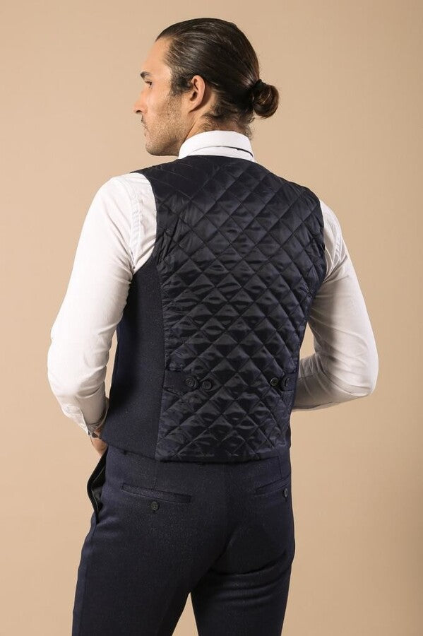 Desenli Kruvaze Koyu Lacivert Erkek Yelek Pantolon Set - Wessi