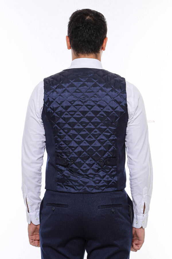 Desenli Kruvaze Koyu Lacivert Erkek Yelek Pantolon Set - Wessi
