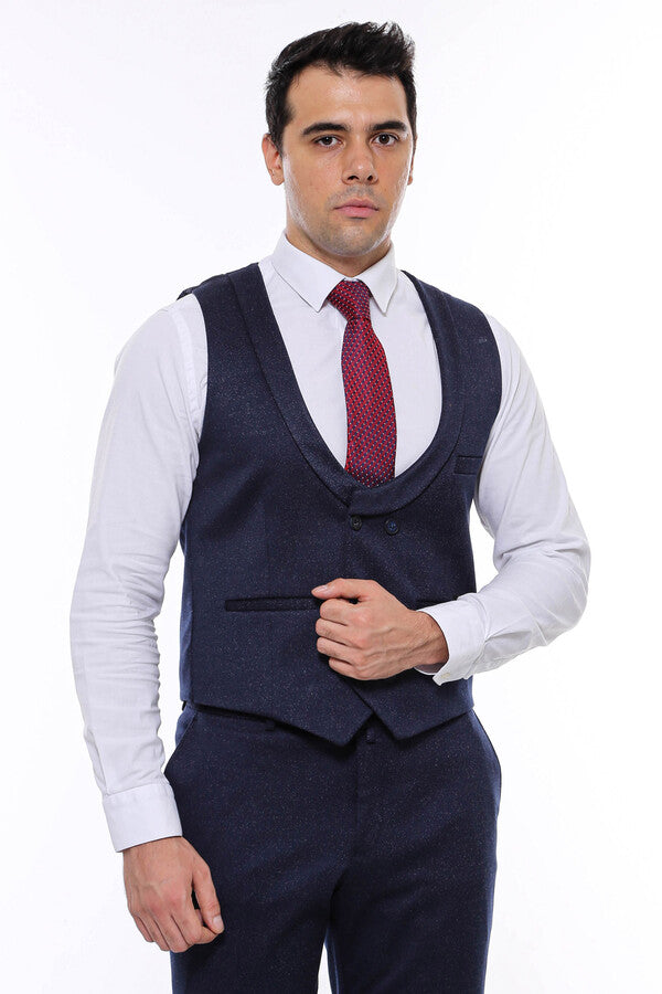 Desenli Kruvaze Koyu Lacivert Erkek Yelek Pantolon Set - Wessi