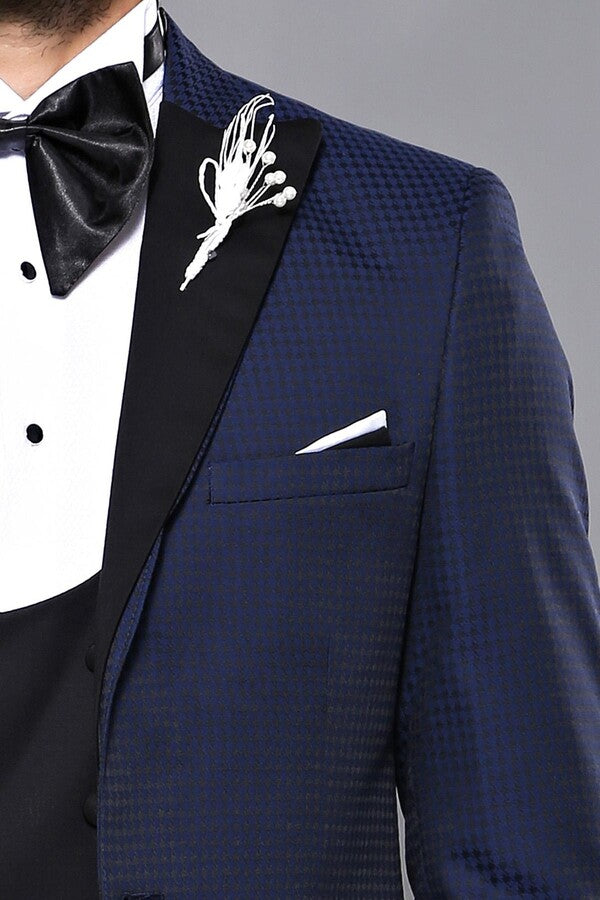 Wessi Erkek Ceket Desenli Lacivert Damatlık Slim Fit Takım Elbise - Wessi