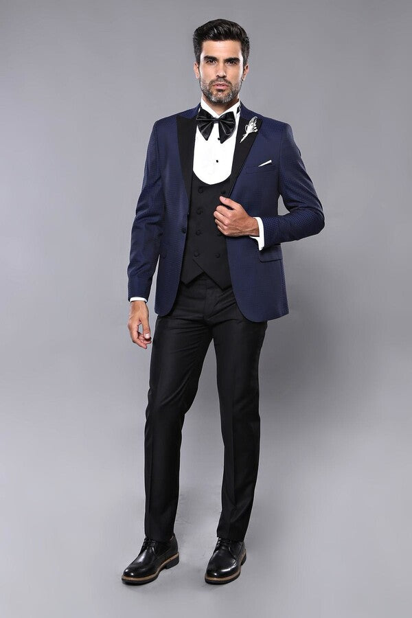 Wessi Erkek Ceket Desenli Lacivert Damatlık Slim Fit Takım Elbise - Wessi