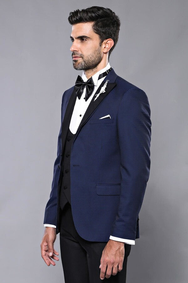 Wessi Erkek Ceket Desenli Lacivert Damatlık Slim Fit Takım Elbise - Wessi